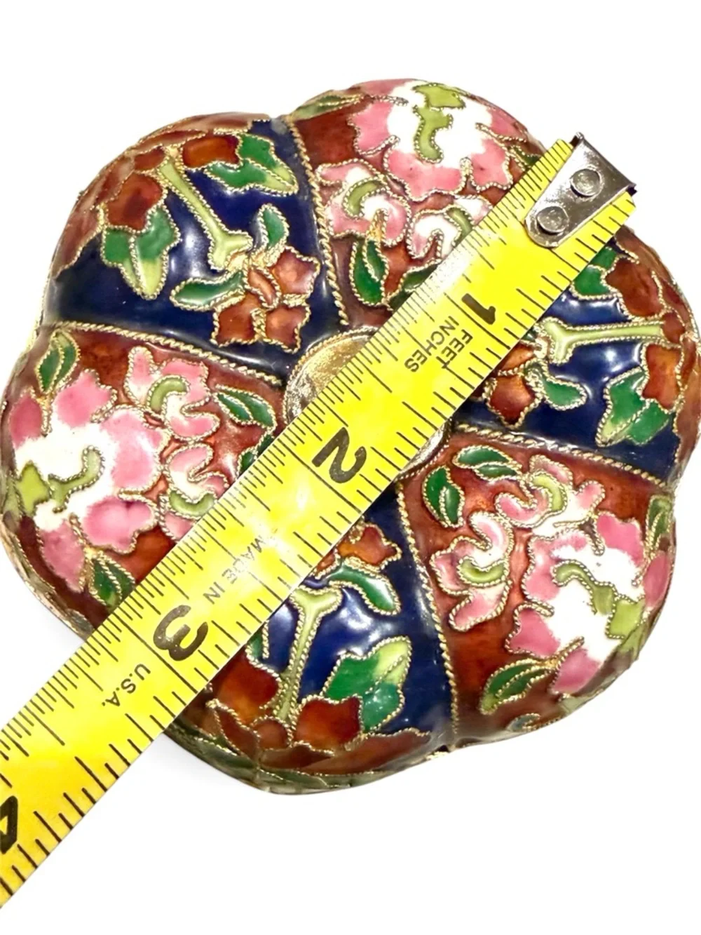Vintage Cloisonné Enamel Trinket Box Floral Blue Jewelry Box Asian Decor